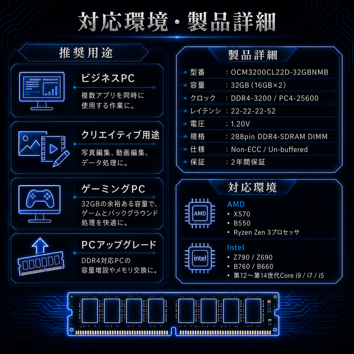 OCMEMORY OCM3200CL22D-32GBNMB (DDR4-3200 CL22 16GB×2